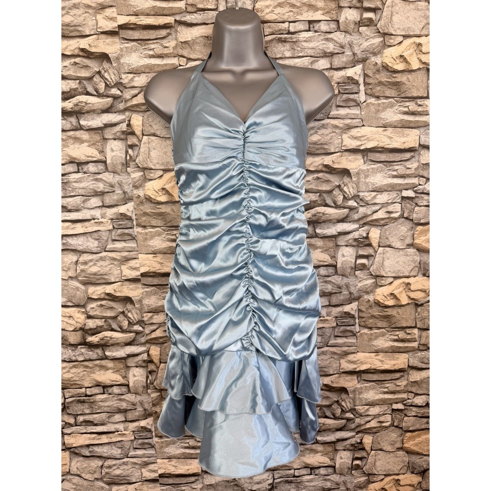 Y2K Jessica McClintok Light Blue Satin Halter Dress Homecoming Sz 4